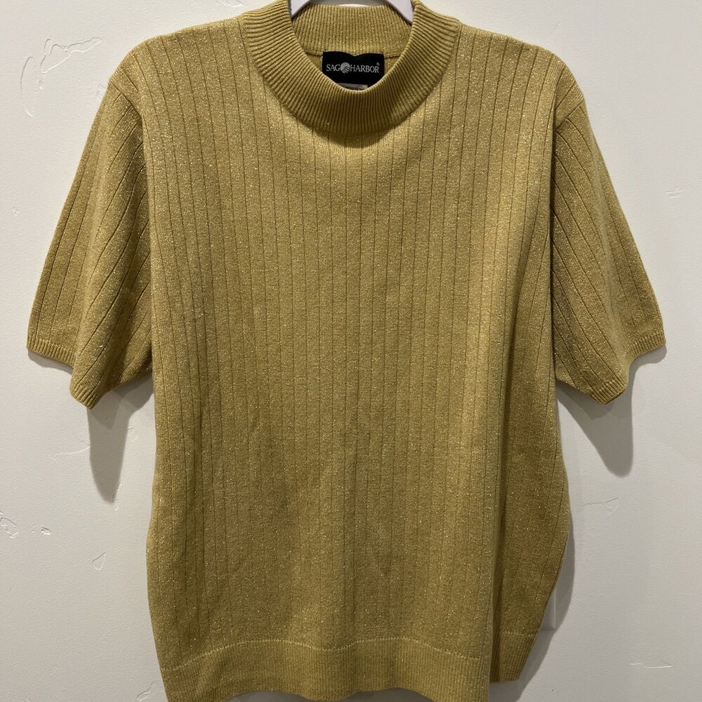 Sag Harbor Metallic Ribbed Sweater Short Sleeve Mock Neck Women size XL Festive